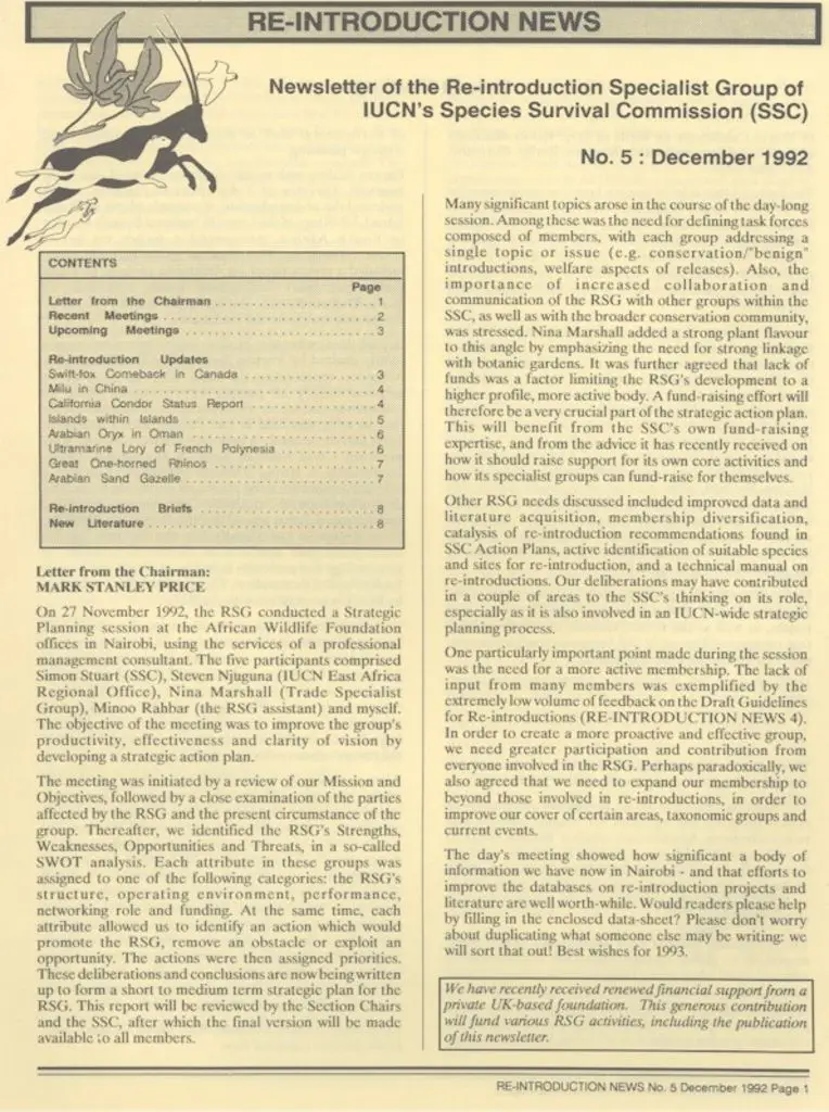 Cover of Re-introduction News December 1992