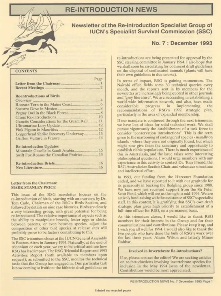 Cover of Re-introduction News December 1993