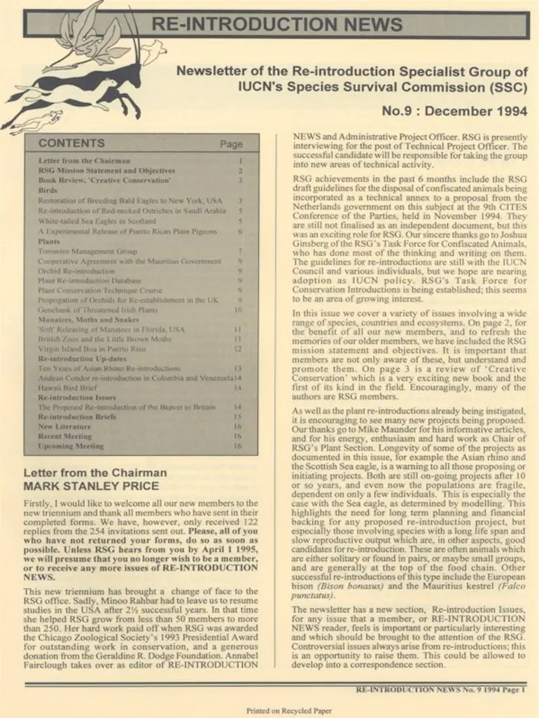 Cover of Re-introduction News December 1994