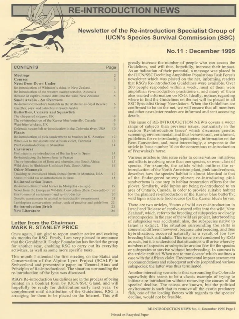 Cover of Re-introduction News December 1995