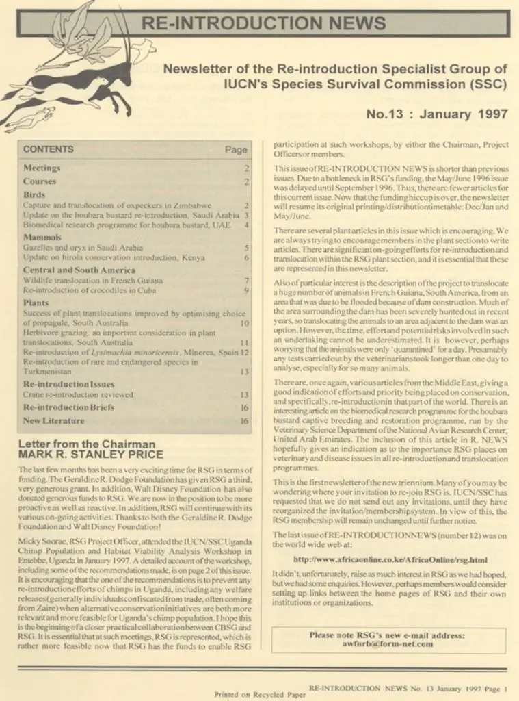 Cover of Re-introduction News January 1997