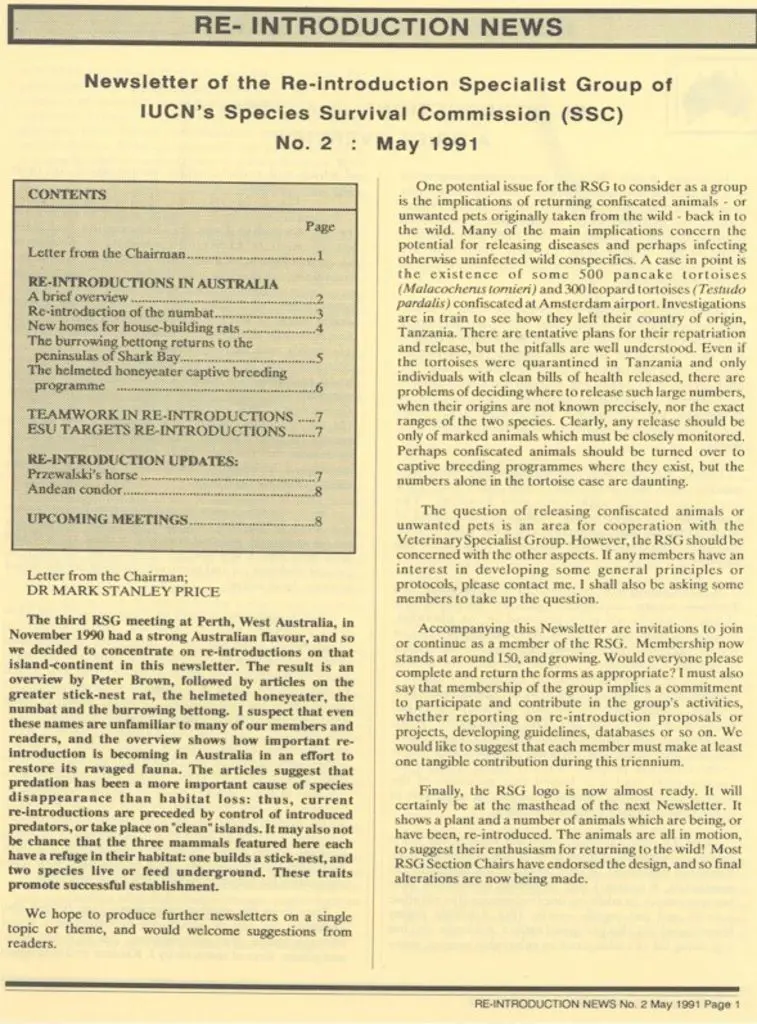 Cover of Re-introduction News May 1991