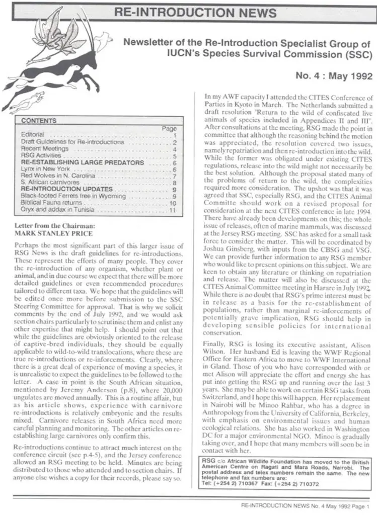 Cover of Re-introduction News May 1992