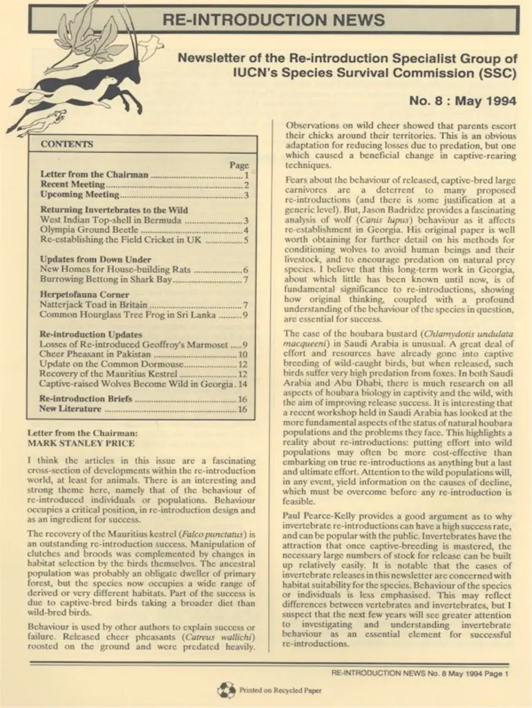Cover of Re-introduction News May 1994