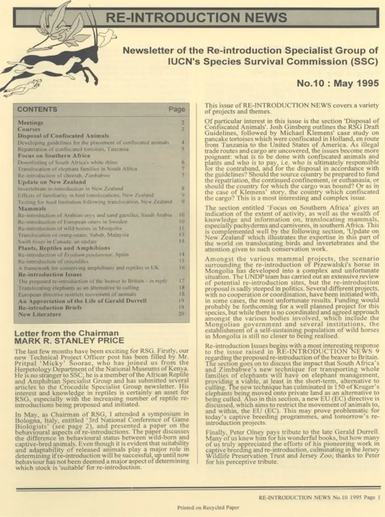 Cover of Re-introduction News May 1995