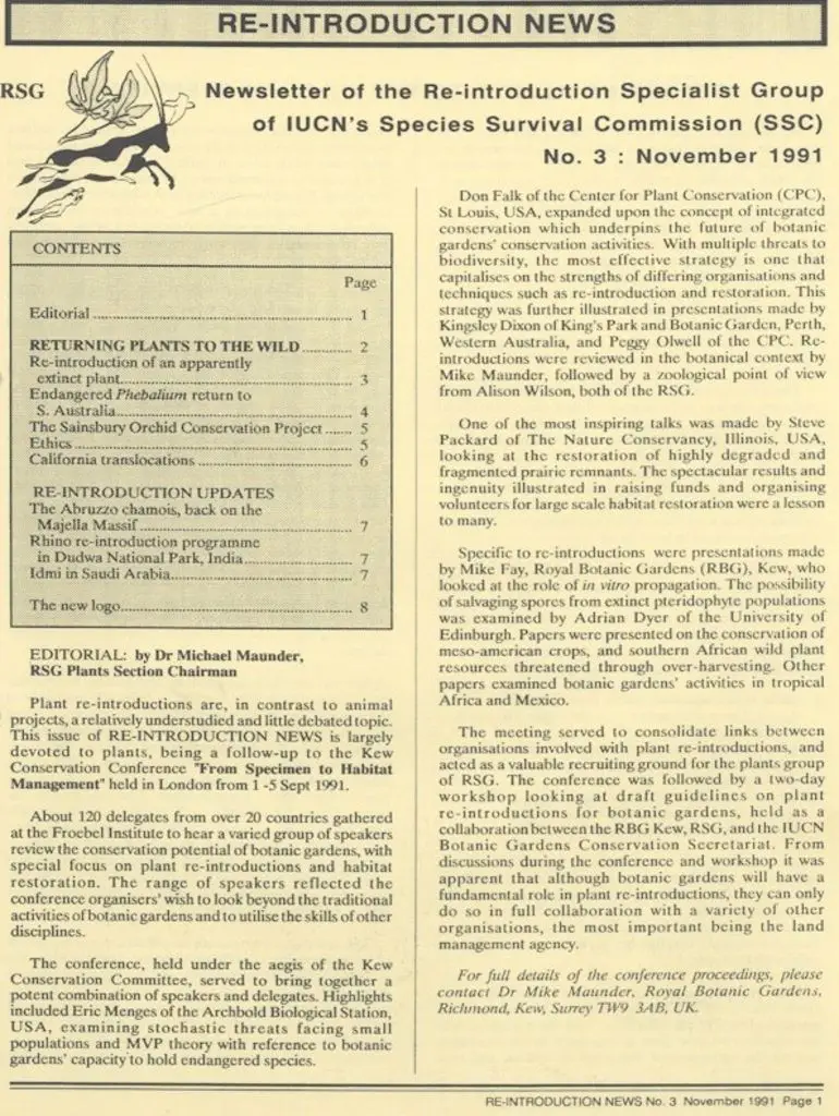 Cover of Re-introduction News November 1991