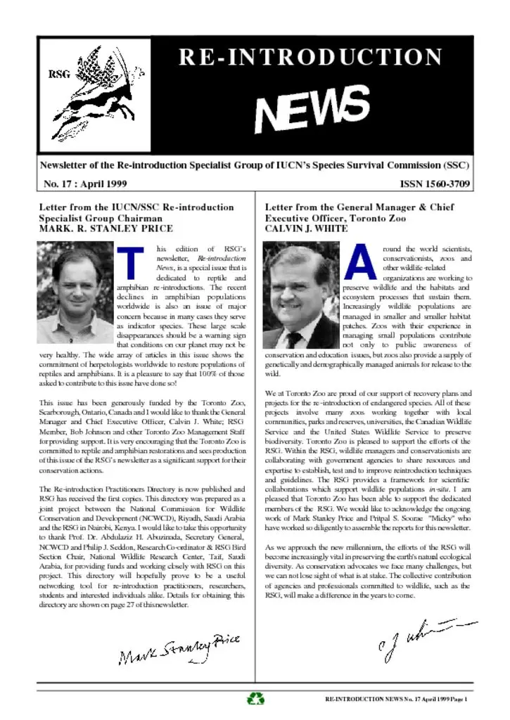 Cover of Re-introduction News April 1999