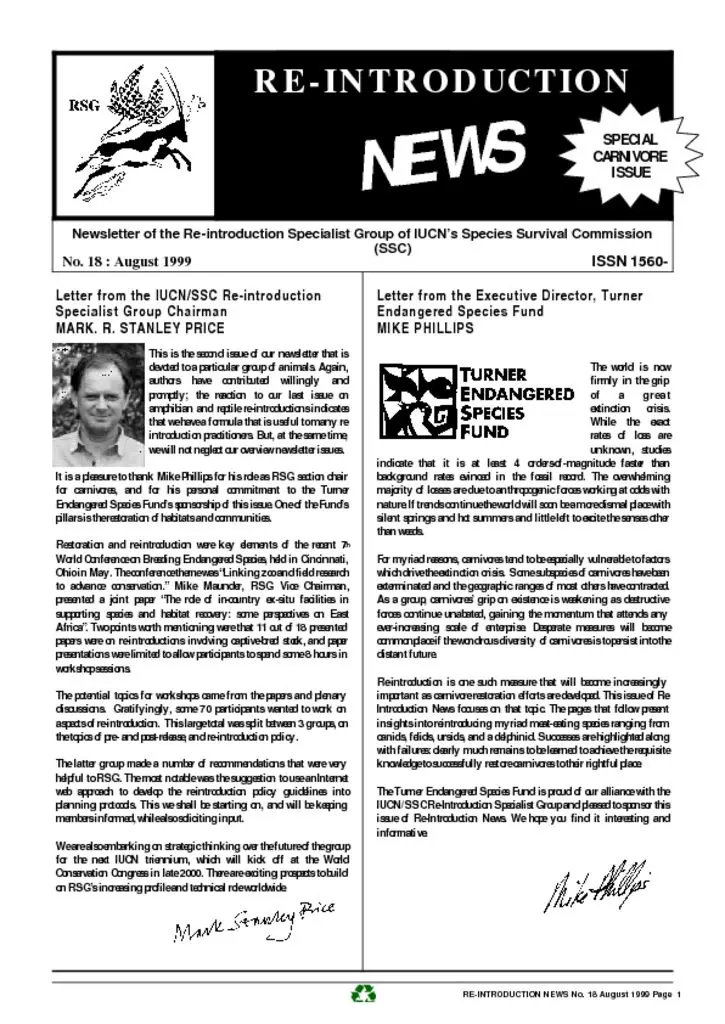 Cover of Re-introduction News August 1999