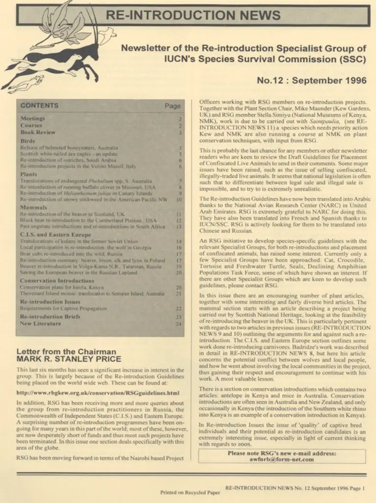Cover of Re-introduction News September 1996