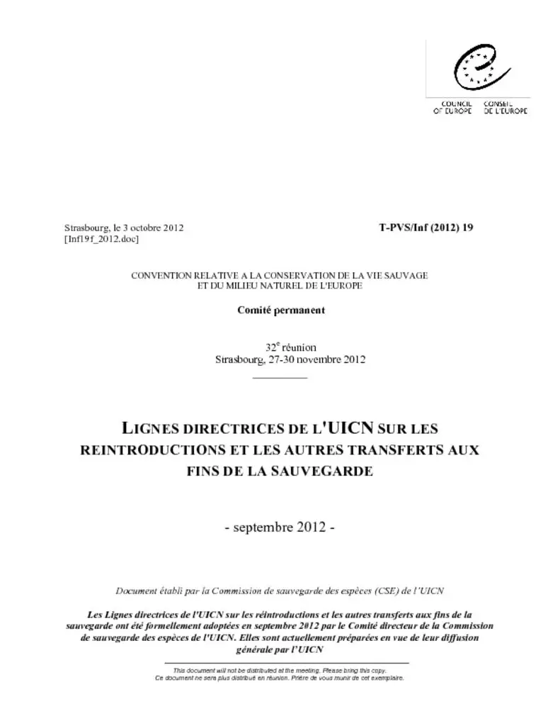 Cover of Guidelines for Reintroductions and Other Conservation Translocations – French
